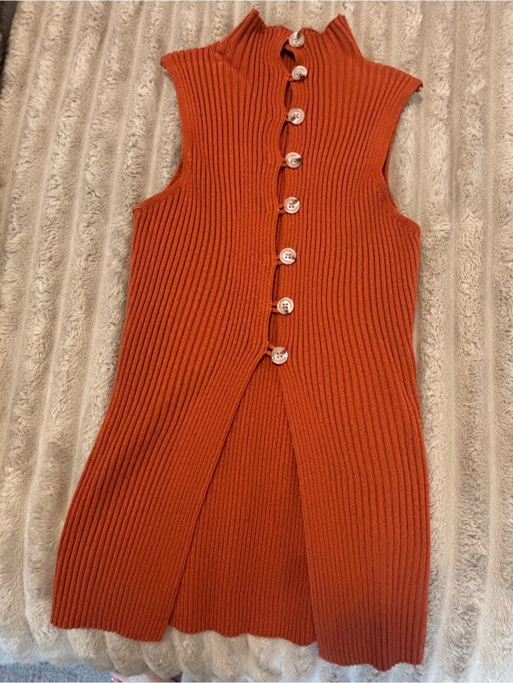 Sleeveless Ribbed Midi Dress with Button-Front Detail in Rust
